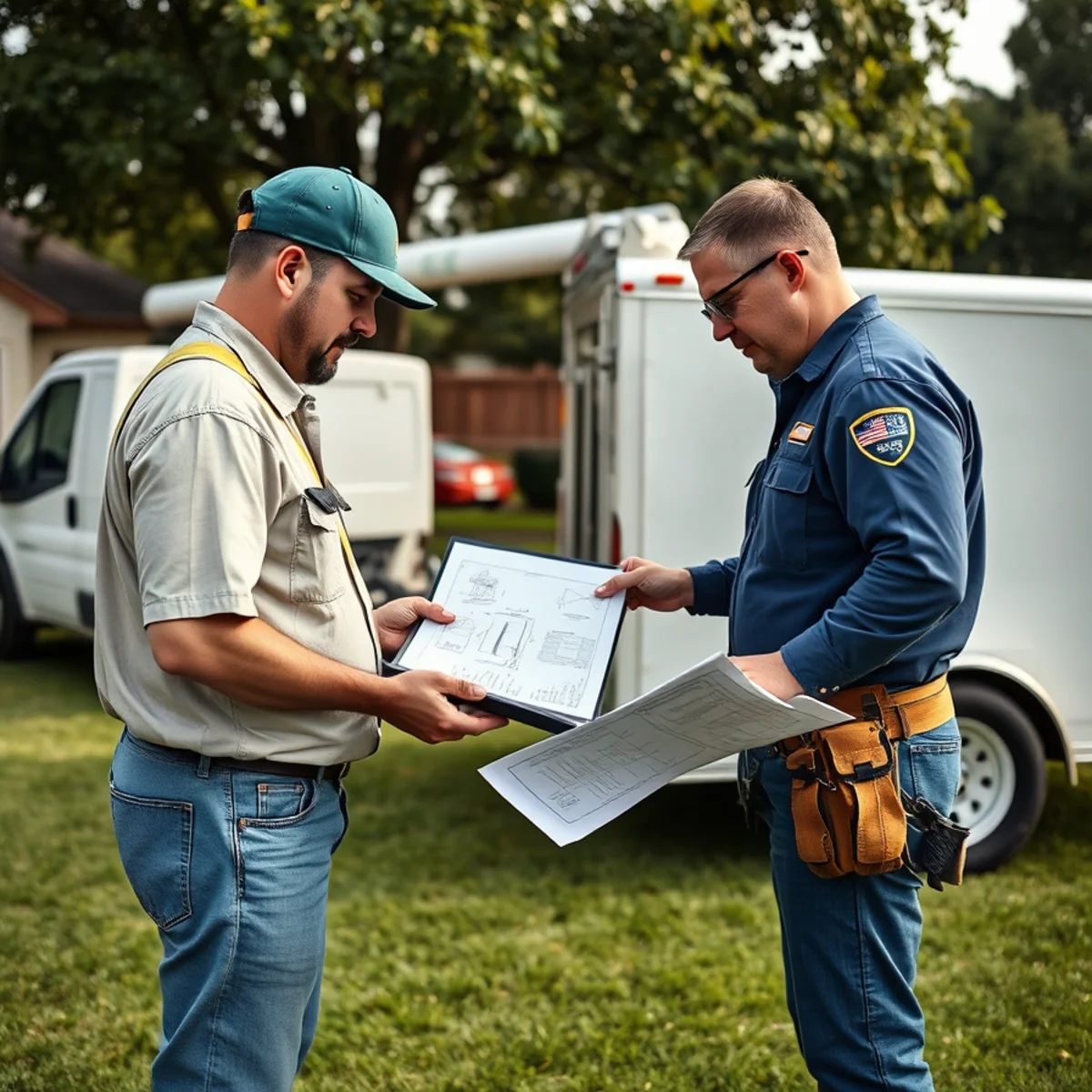 YardaBella arborist team reviewing ANSI A300 rigging safety checklist on Lewisville TX job site