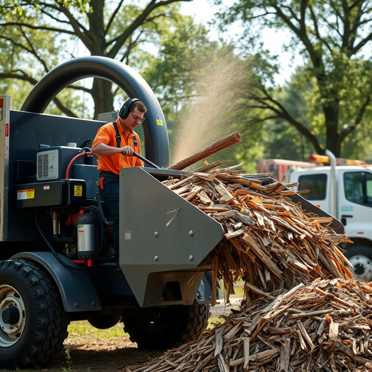 Heavy-duty commercial wood chipper processing oak branches for mulch in North Texas yard
