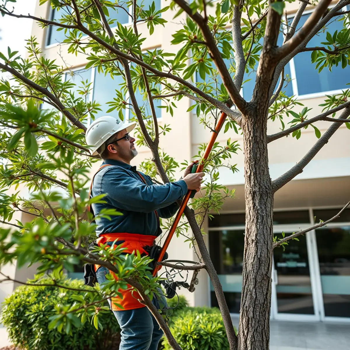 Certified tree care specialist performing commercial grounds tree care in Lewisville TX