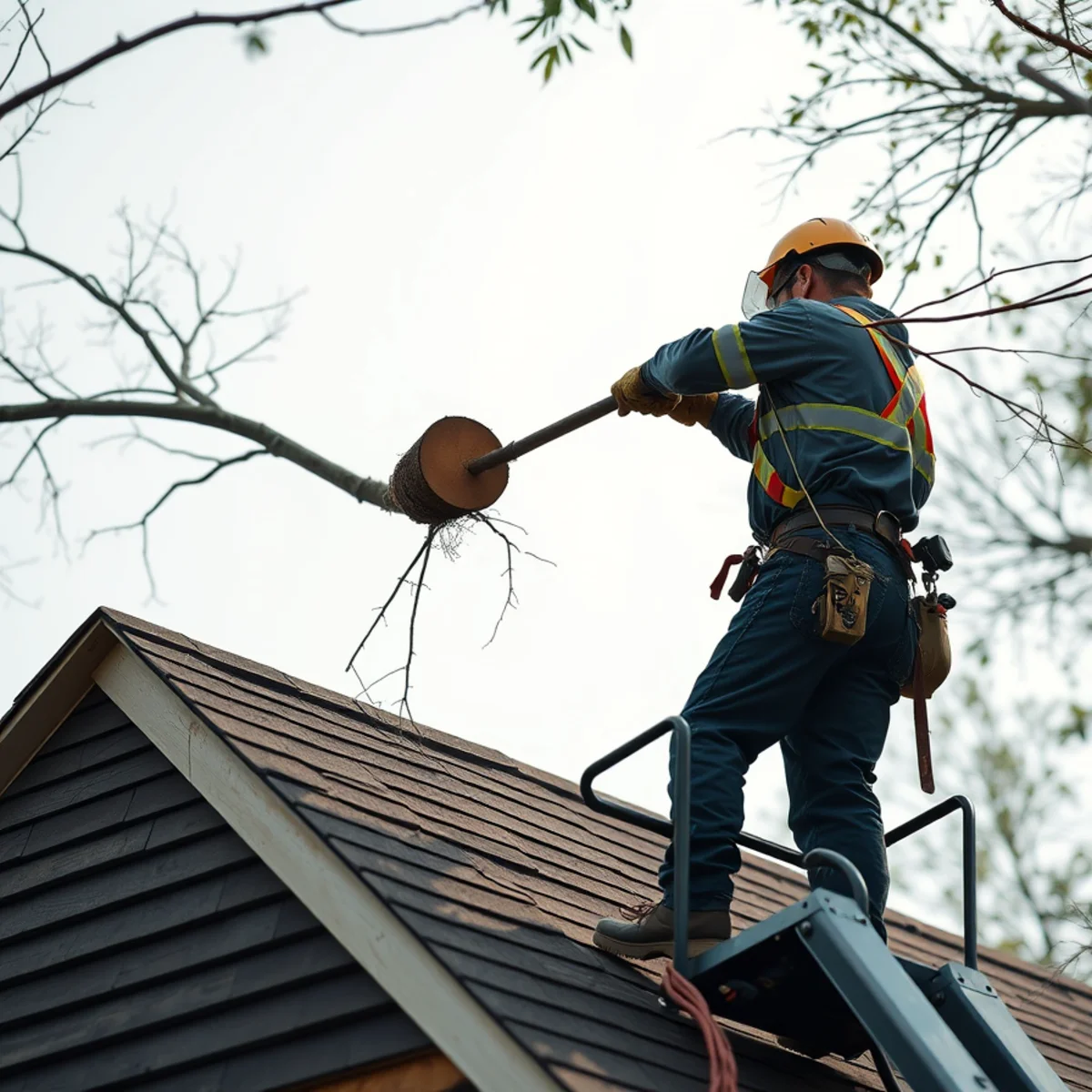 Certified tree care specialist performing fallen tree on house removal in Lewisville TX