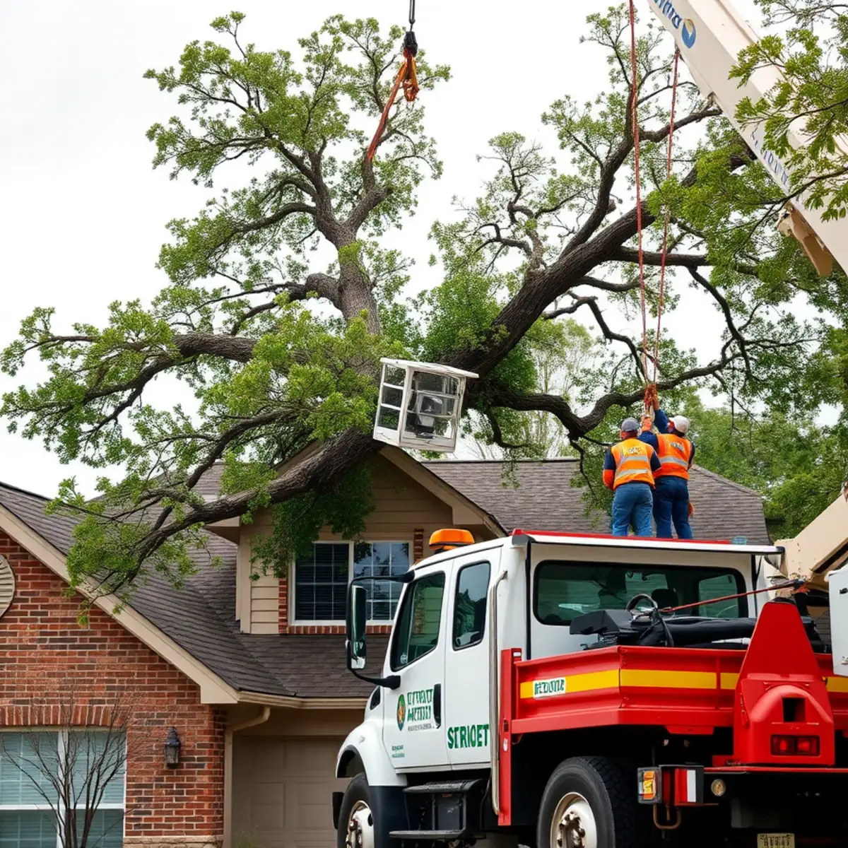Hazardous split storm tree leaning directly over Lewisville residential roof