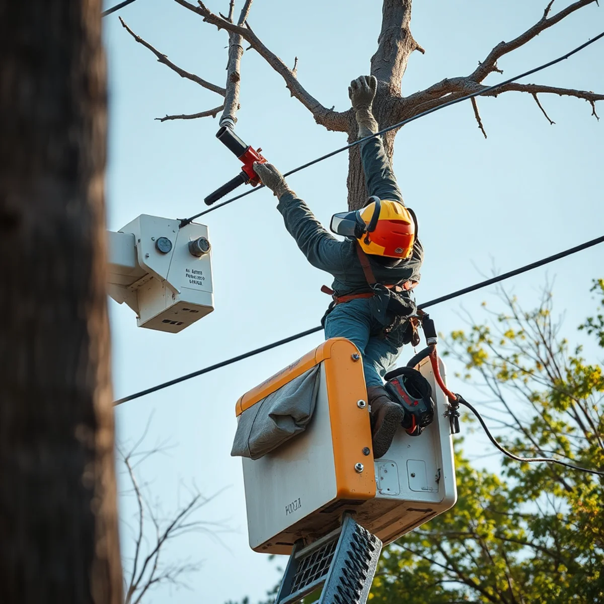 Certified tree care specialist performing hazardous hanging limb removal in Lewisville TX