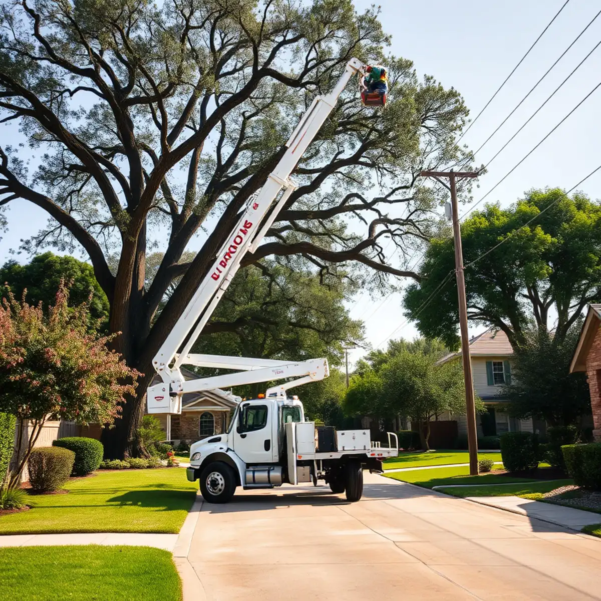 Commercial crane lifting heavy hardwood timber over Lewisville residential roofline