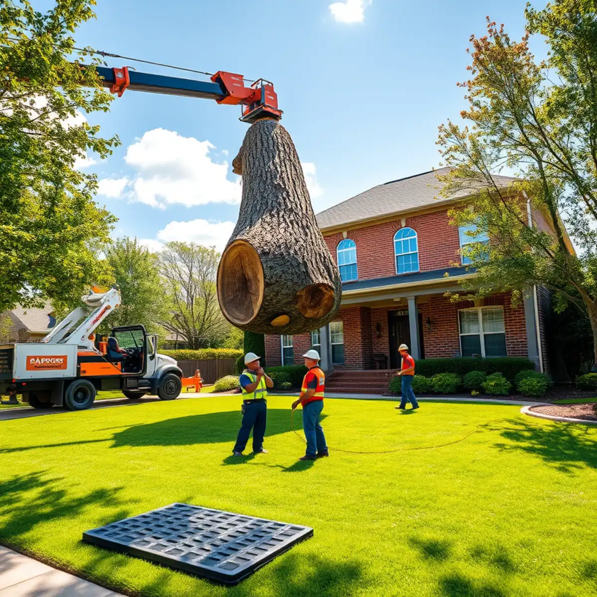 YardaBella arborist crew removing hazardous oak tree with crane in Lewisville TX