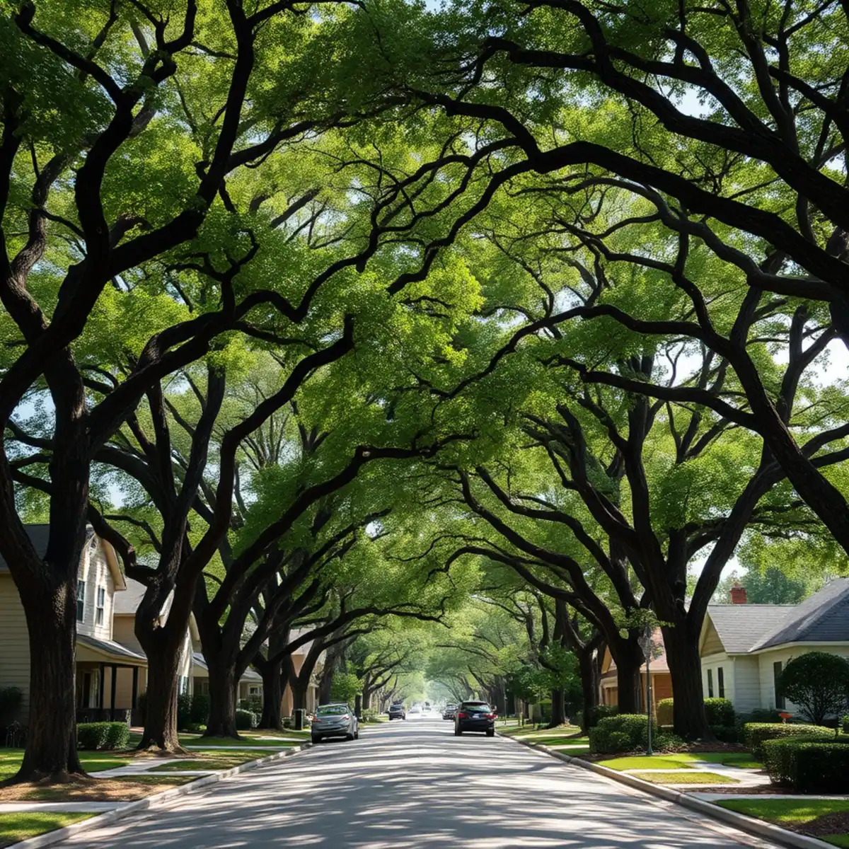 Residential neighborhood with mature post oak canopy in Bedford TX