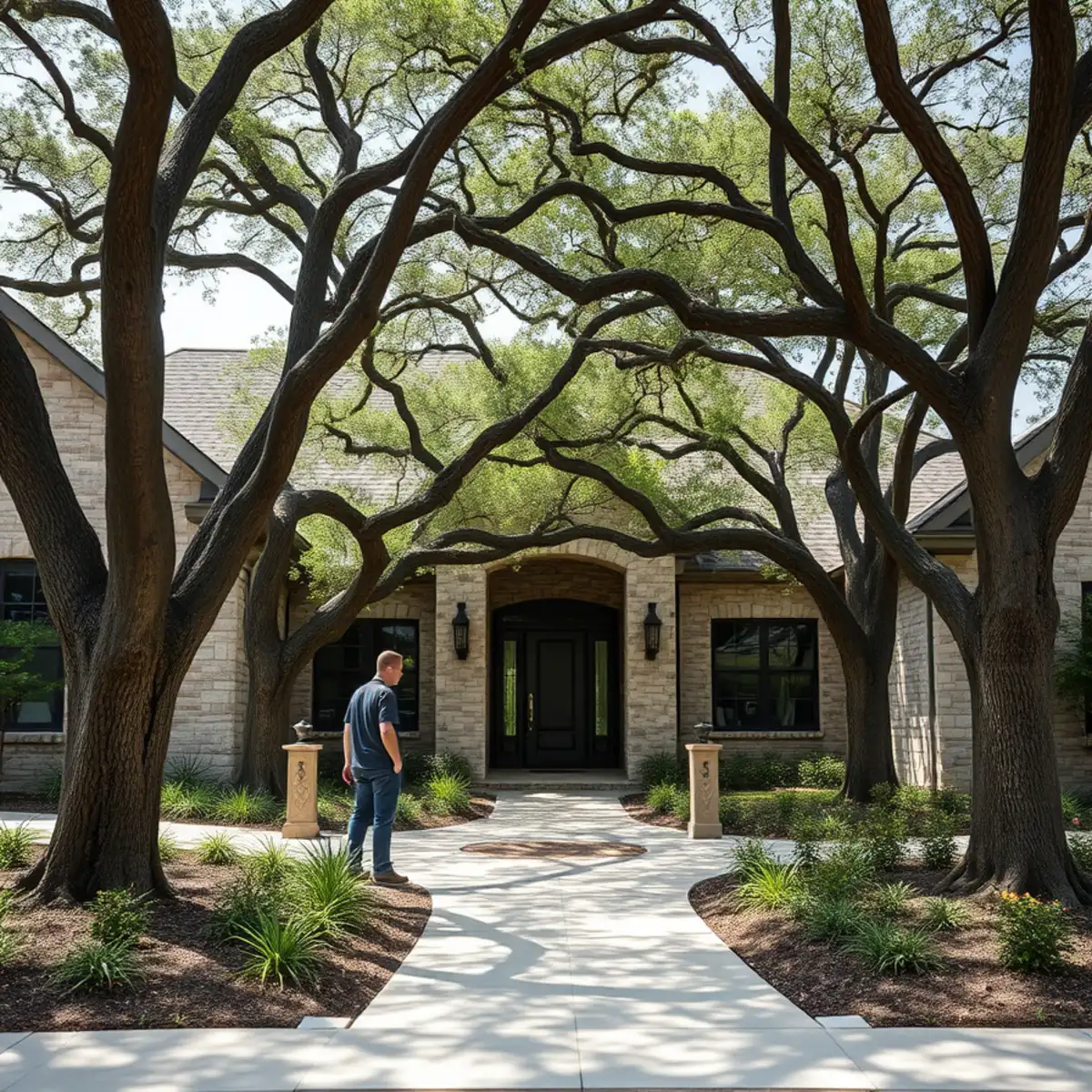 Residential neighborhood with mature post oak canopy in Burleson TX