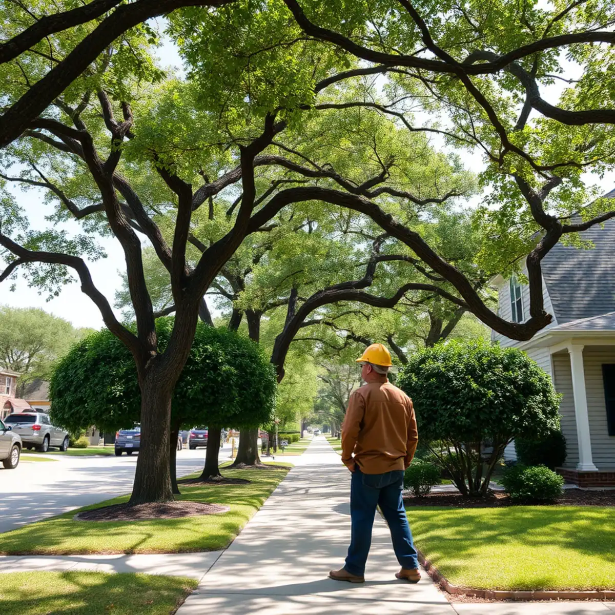 Residential neighborhood with mature post oak canopy in Carrollton TX