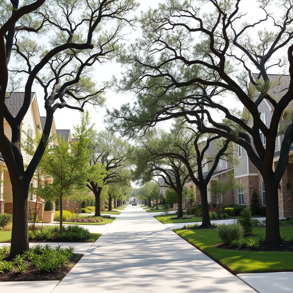 Residential neighborhood with mature post oak canopy in Corinth TX