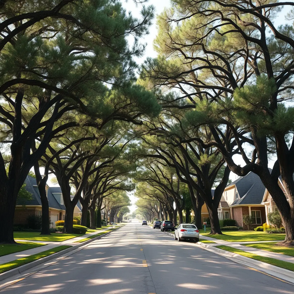 Residential neighborhood with mature post oak canopy in Corsicana TX