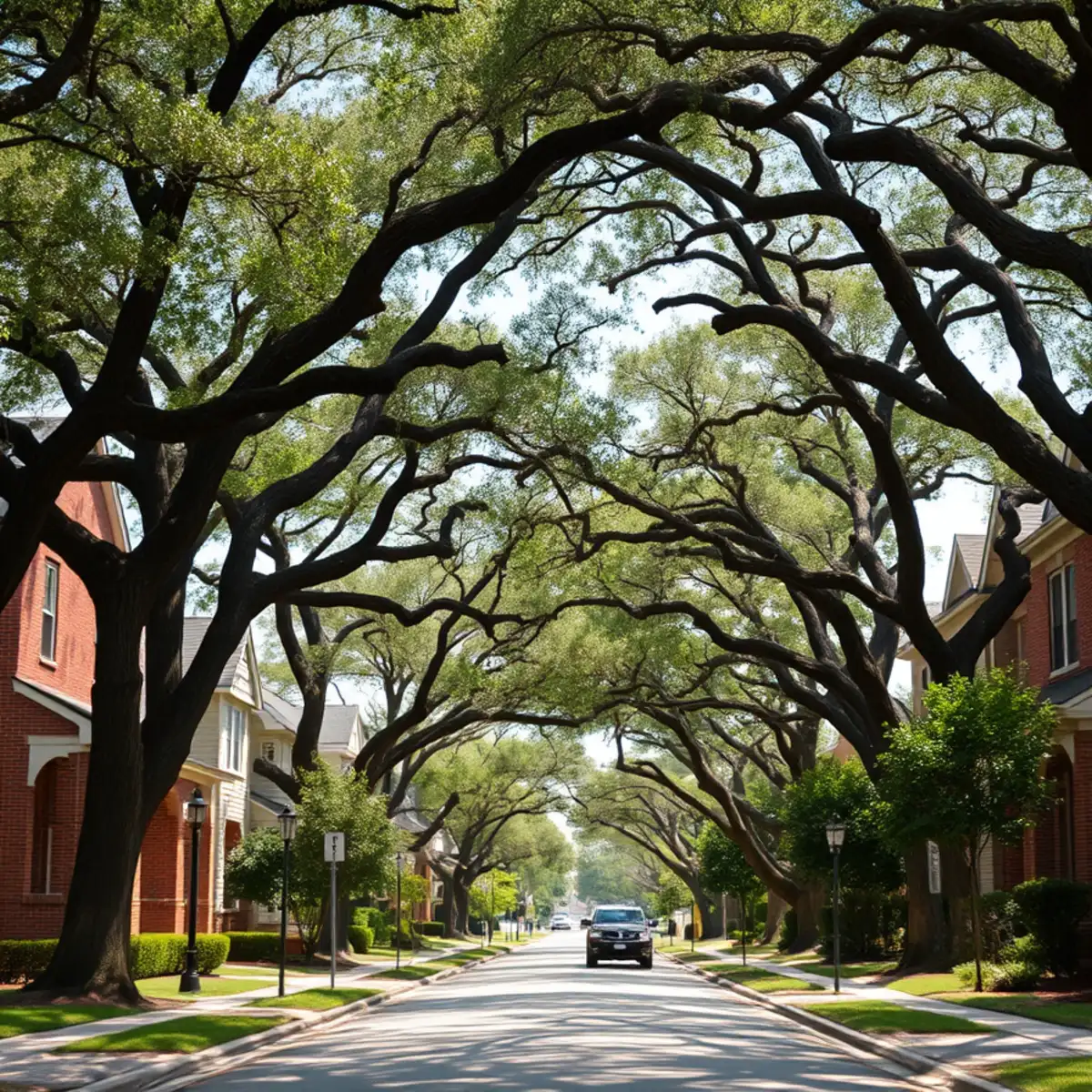 Residential neighborhood with mature post oak canopy in Denton County TX