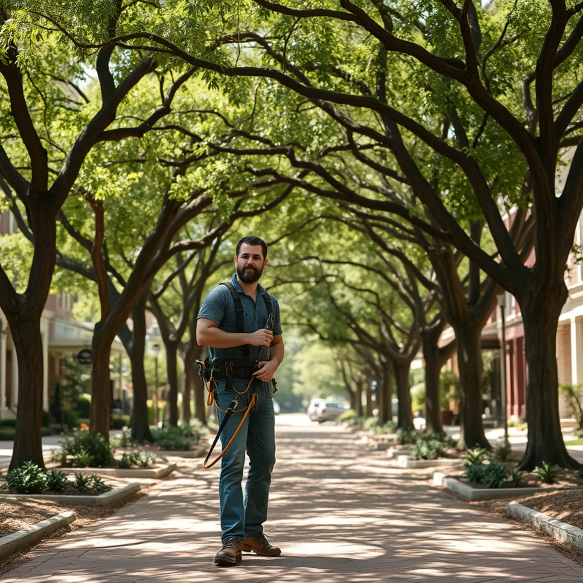 Residential neighborhood with mature post oak canopy in Denton TX