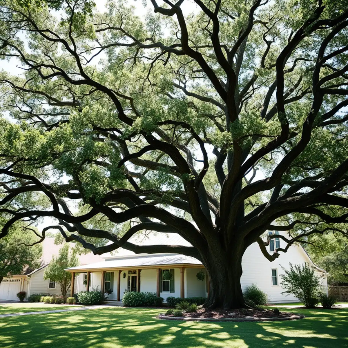 Residential neighborhood with mature post oak canopy in Ennis TX