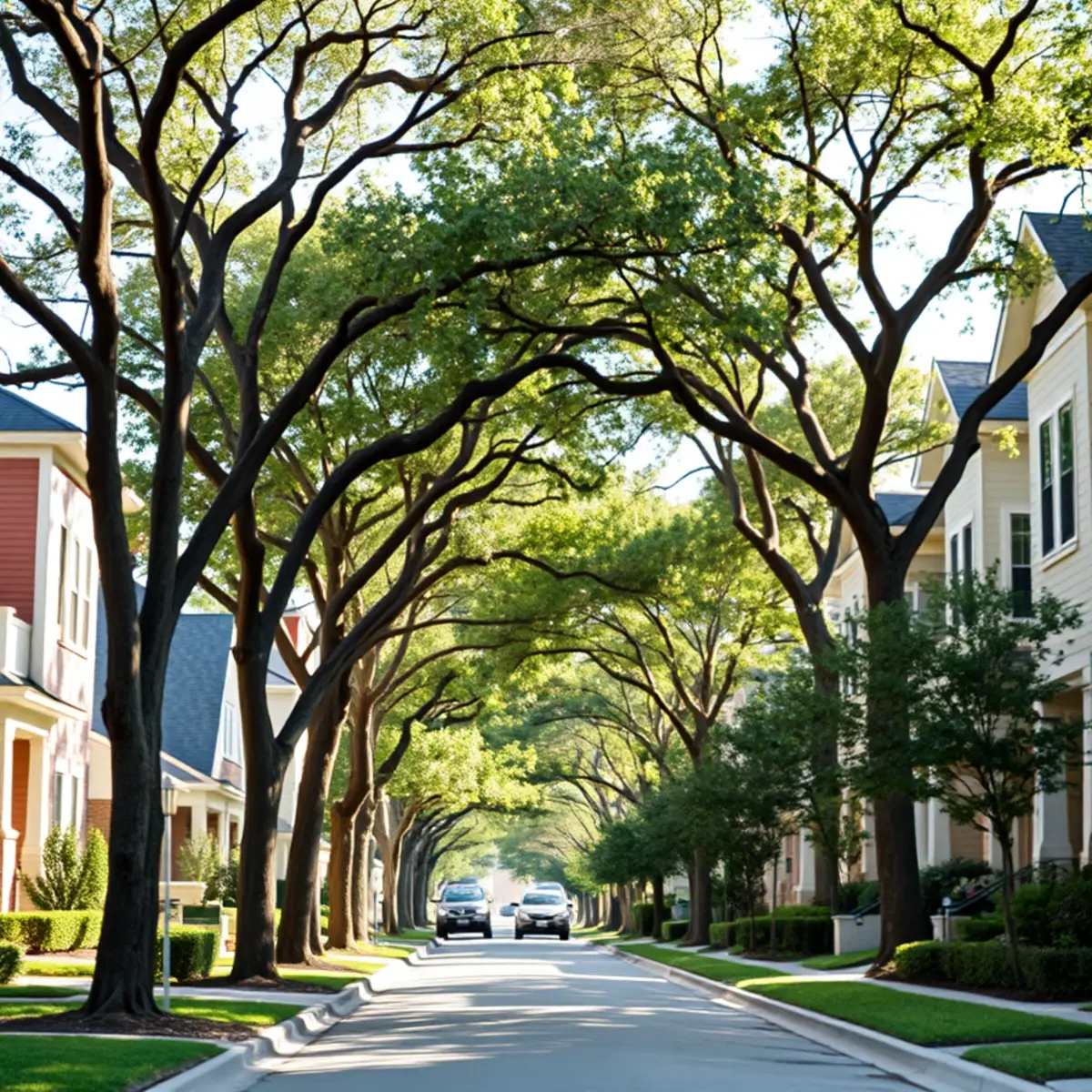 Residential neighborhood with mature post oak canopy in Fate TX