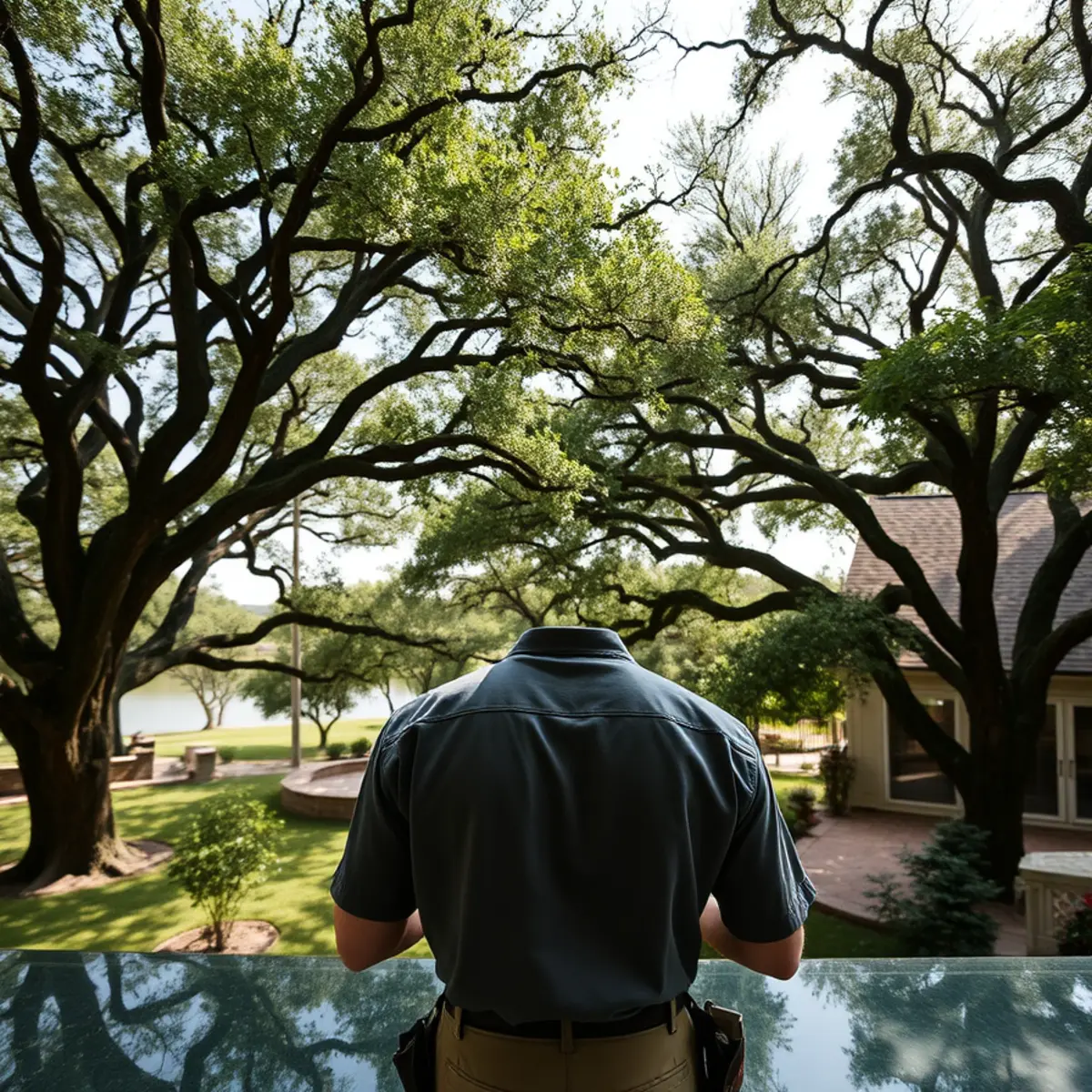 Residential neighborhood with mature post oak canopy in Hickory Creek TX