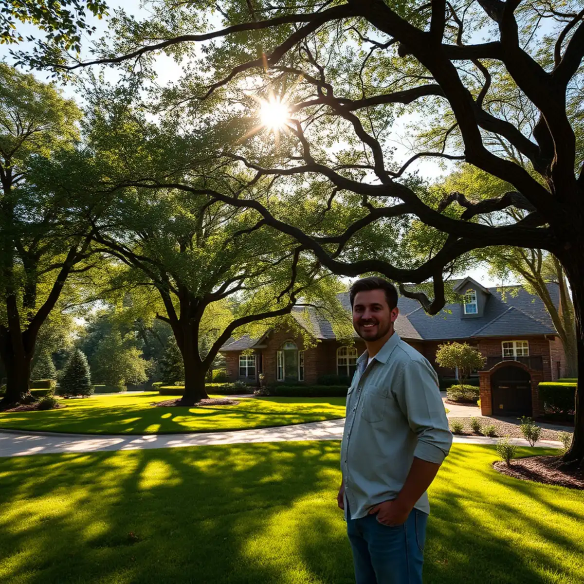 Residential neighborhood with mature post oak canopy in Keller TX