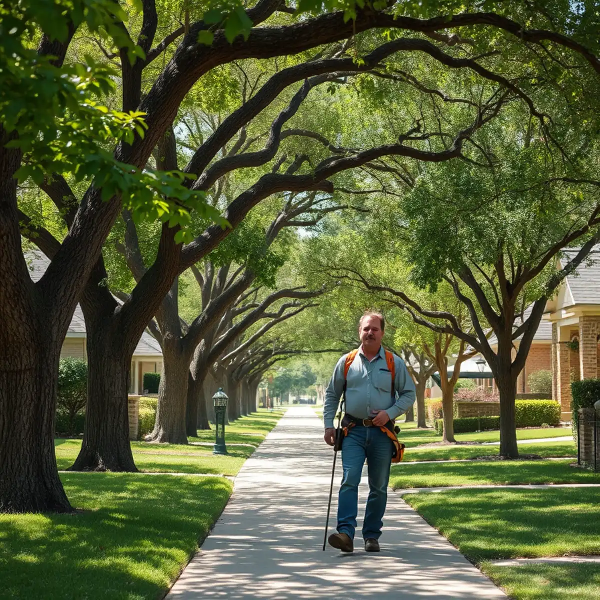 Residential neighborhood with mature post oak canopy in Mansfield TX