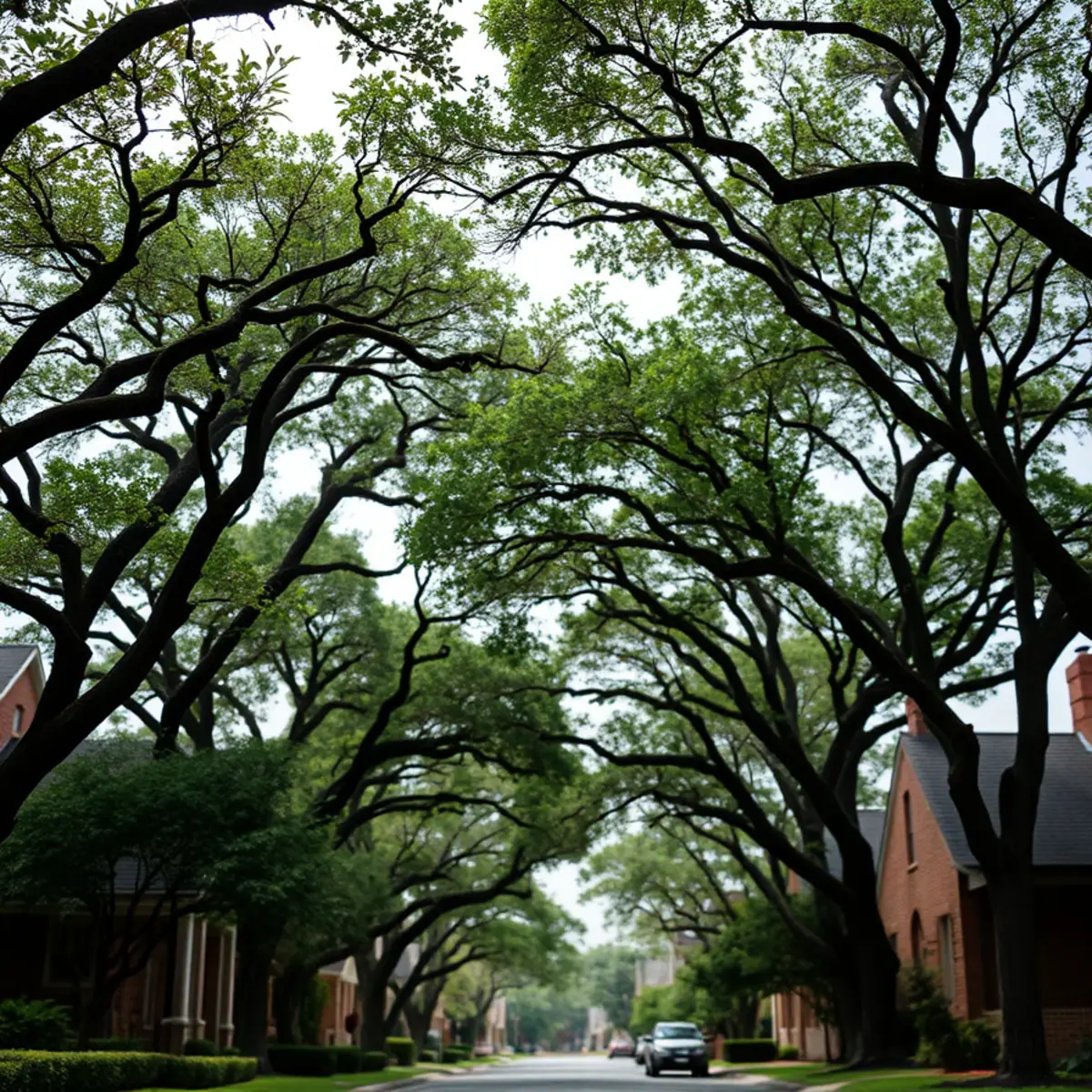 Residential neighborhood with mature post oak canopy in Sherman TX