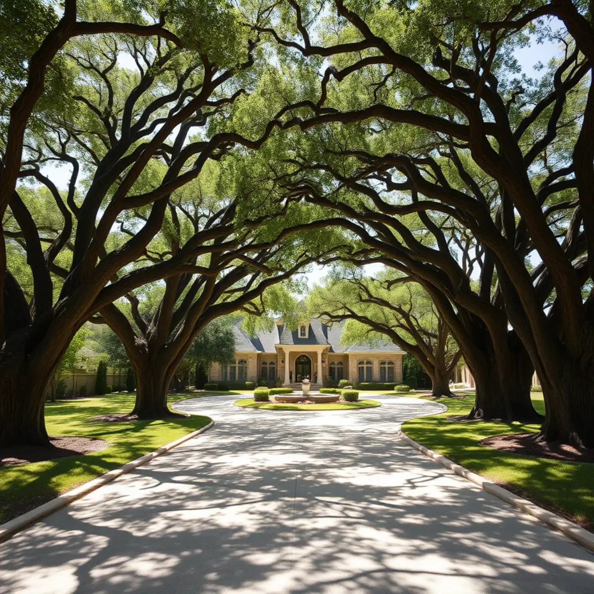 Residential neighborhood with mature post oak canopy in Southlake TX