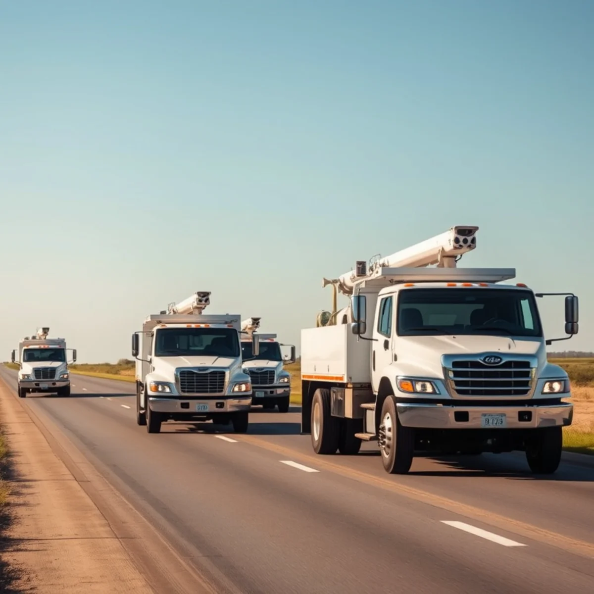 YardaBella fleet of bucket trucks and chip trailers en route along I-35E in Denton County TX